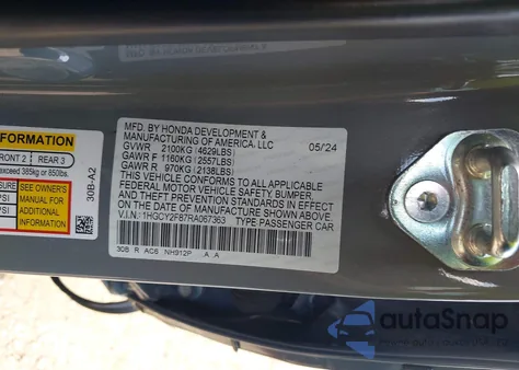 2024 Honda Accord Hybrid Touring from USA, damaged, VIN 1HGCY2F87RA067363